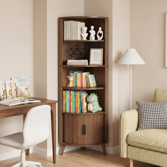 67" Tall 5-Tier Corner Bookshelf, Freestanding Corner Storage Cabinet with Sliding Doors, Walnut