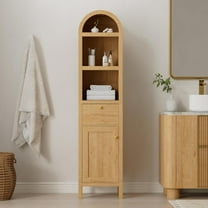 67" Tall Arched Bathroom Narrow Storage Cabinet with Adjustable Shelf, Farmhouse Freestanding Tower Cabinet with Door and Drawer, Space Saving Organizer for Kitchen, Living Room, Natural Oak