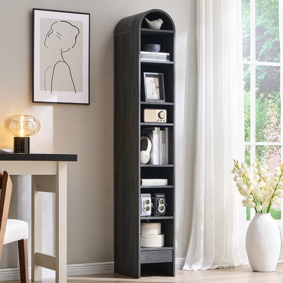 67" Tall Arched Bookshelf, 8 Tiers Arch Bookcase with Storage, Modern Farmhouse Book Shelf with Adjustable Shelves, Wood Bookshelf w/Open Display Shelves for Living Room, Office (Dark Grey)