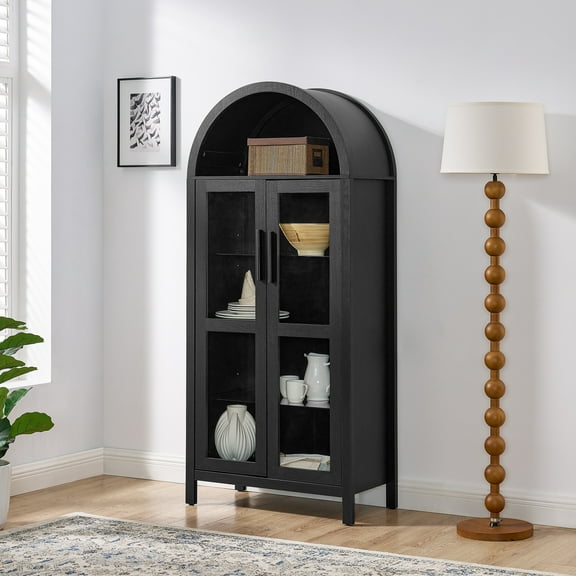 67" Tall Arched Storage Cabinet with LED Lights,Arched Kitchen Pantry with Adjustable Glass Partitions and Glass Door,Wooden Storage Cabinet with Top Storage for Living Room,Dining Room,Black
