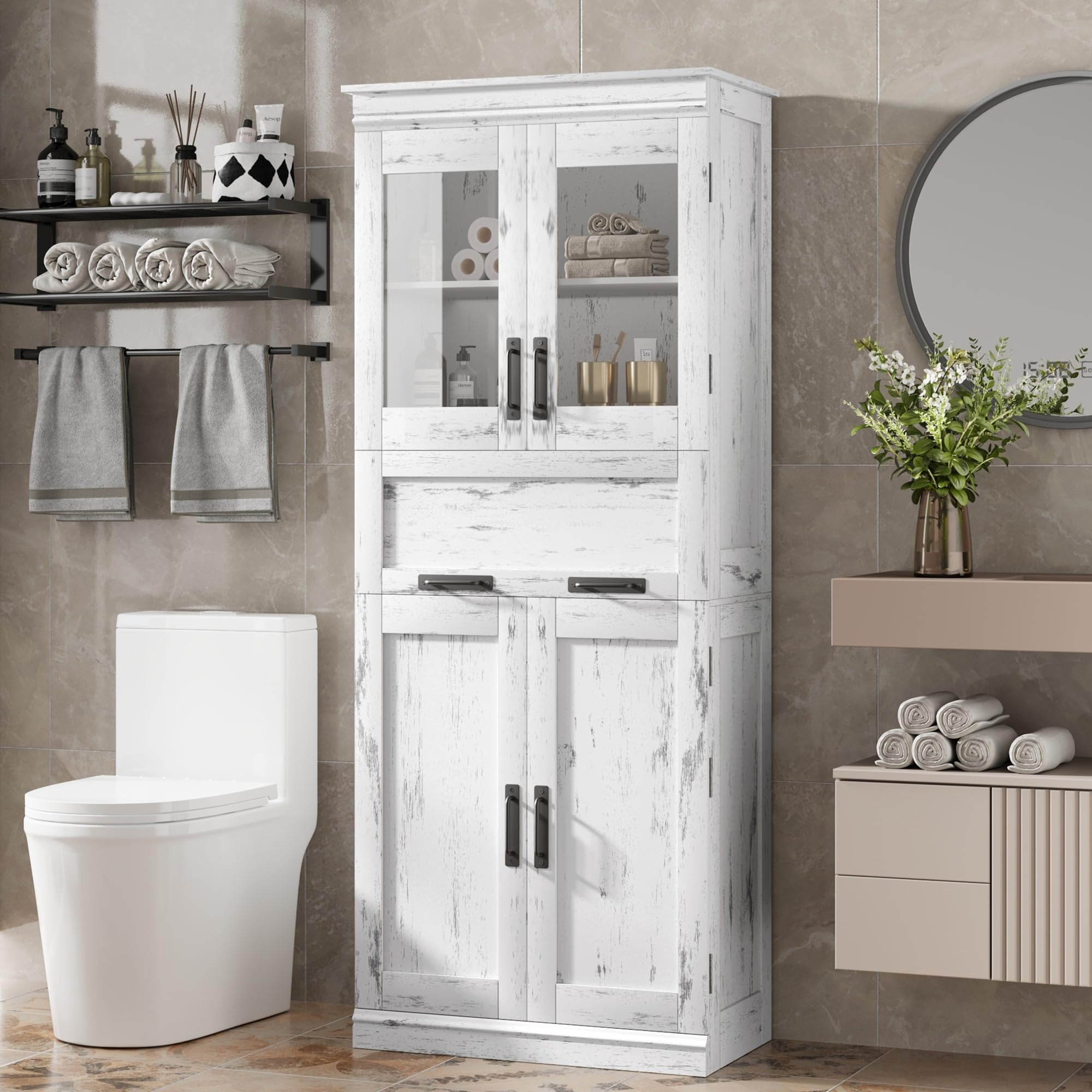 67" Tall Bathroom Cabinet with 4 Doors & Flip Glass Drawer, Storage ...