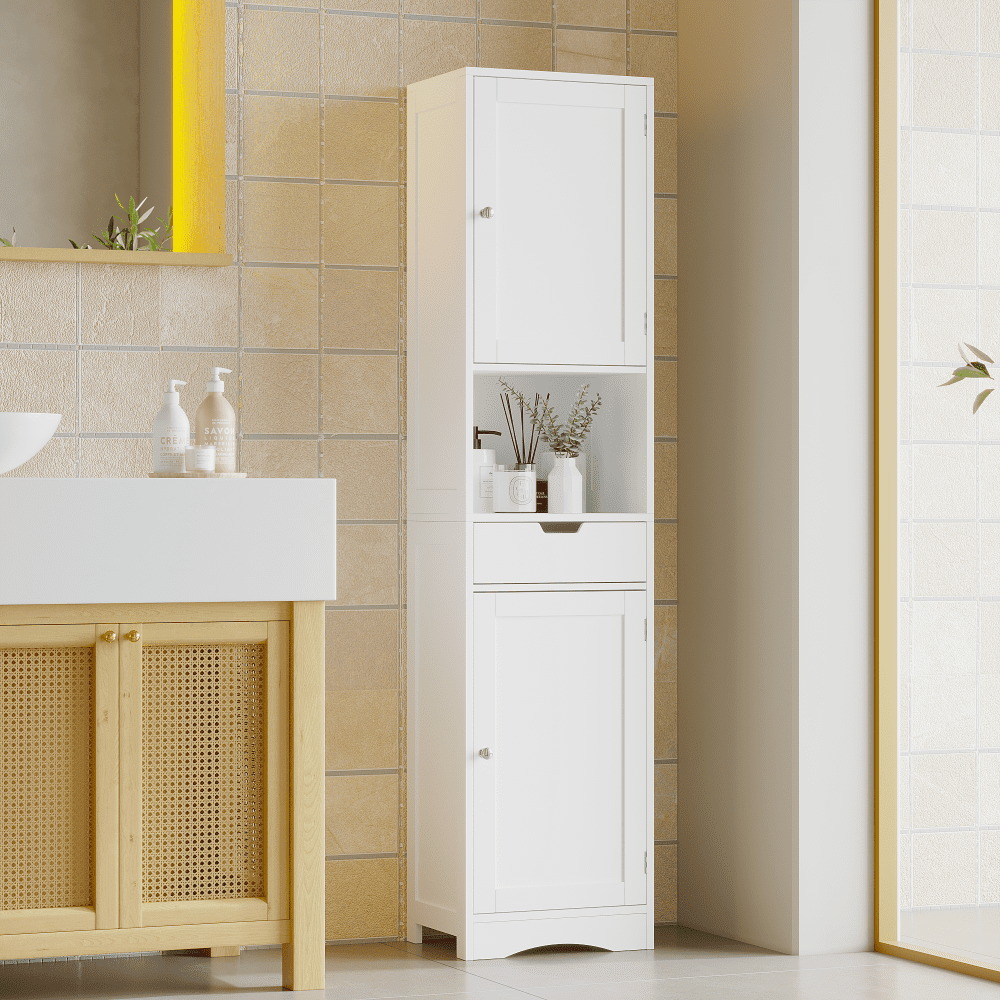 67" Tall Bathroom Cabinet, Storage Cabinet with 2 Doors & 1 Drawer, Narrow Bathroom Storage Cabinets with Adjustable Shelves, Bathroom Floor Organizer for Living Room, Entryway, Home Office, White