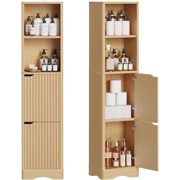 67" Tall Bathroom Organizer and Storage, Narrow Storage Cabinet with 2 Doors and 4 Shelves, Freestanding Floor Storage Unit