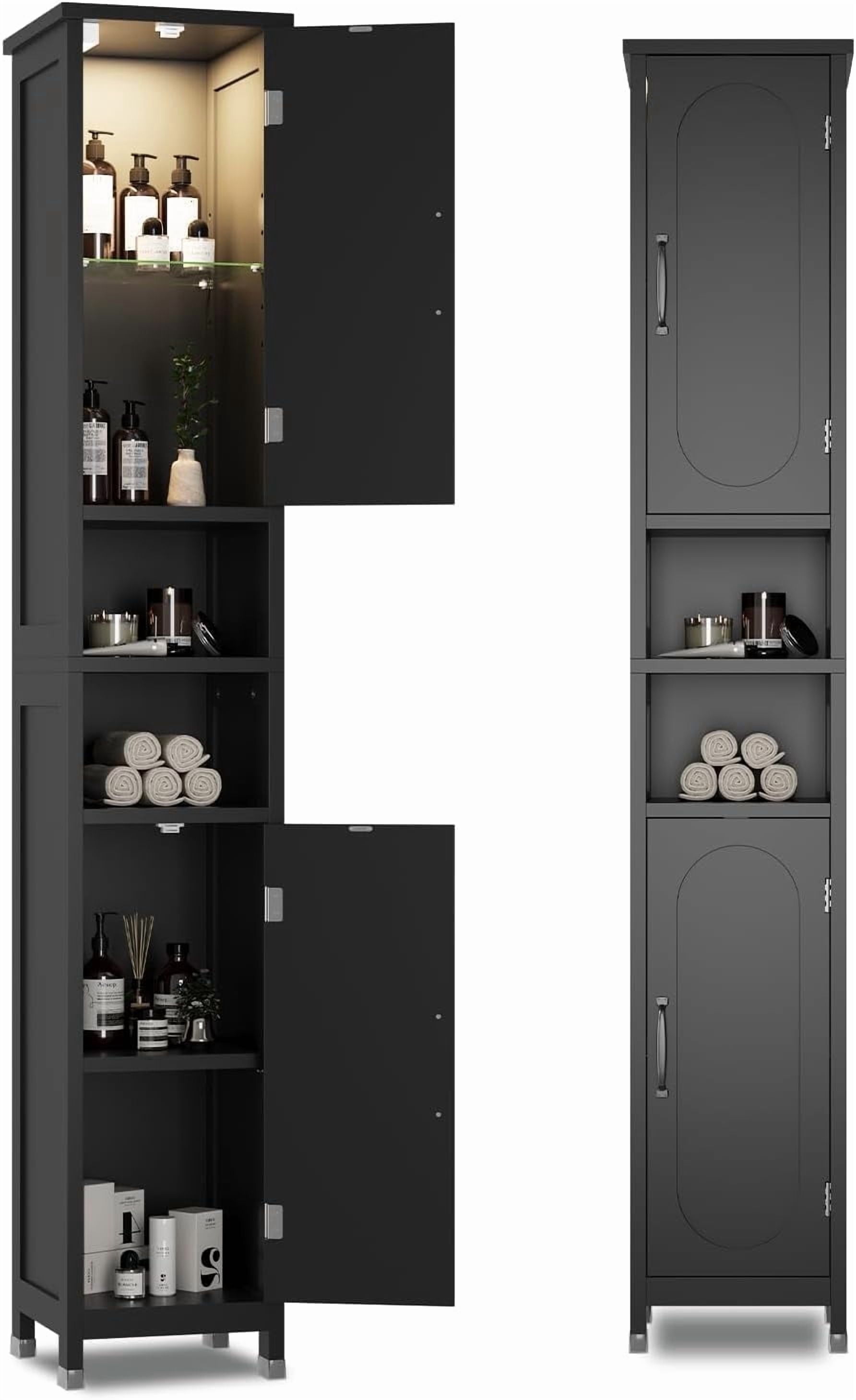 67" Tall Bathroom Storage Cabinet with Lights, Slim Narrow Bathroom Cabinet Organizer with Doors and Adjustable Shelves, Tall Cabinet for Small Space, Living Room, Kitchen, Black