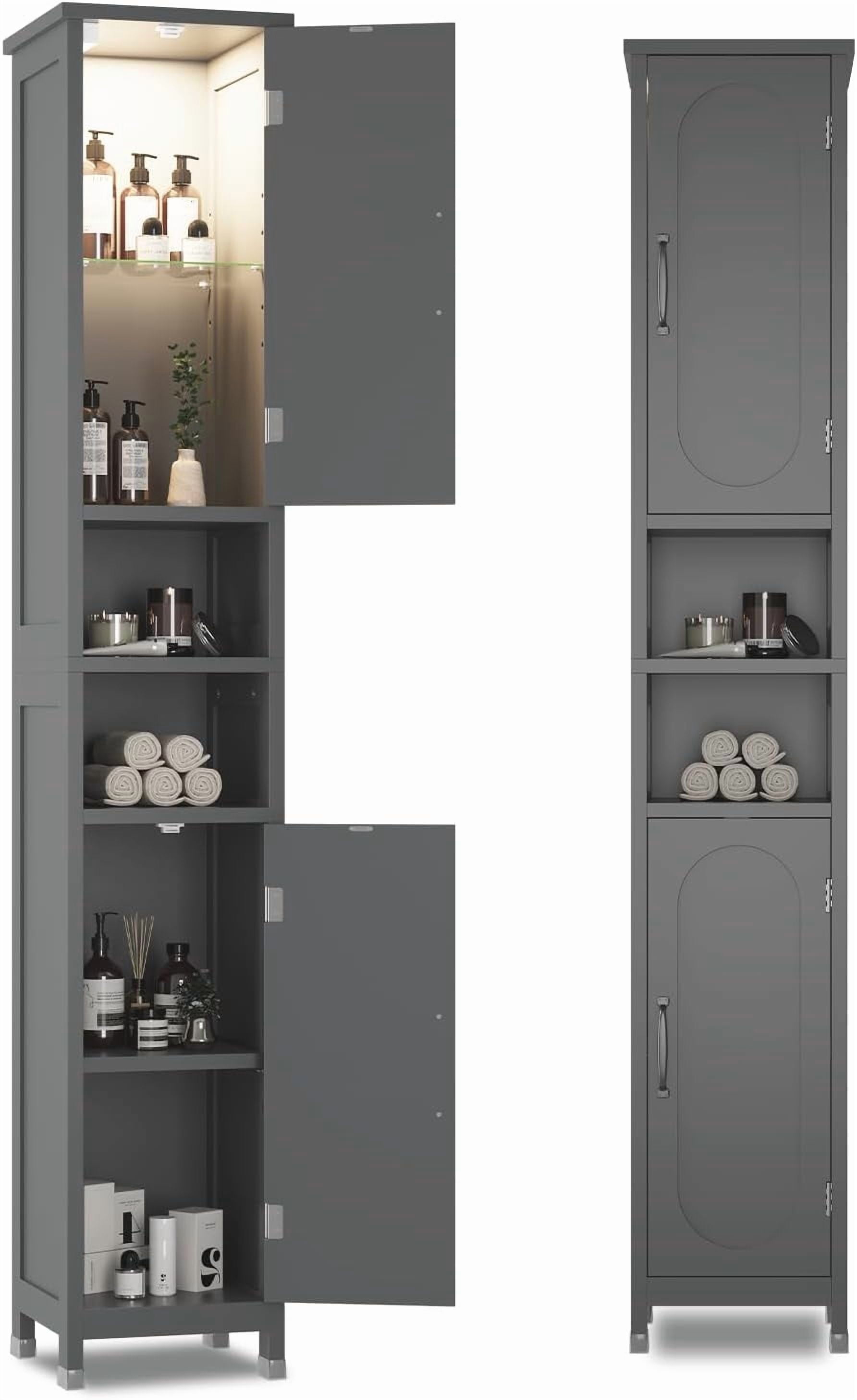 67" Tall Bathroom Storage Cabinet with Lights, Slim Narrow Bathroom Cabinet Organizer with Doors and Adjustable Shelves, Tall Cabinet for Small Space, Living Room, Kitchen, Gray