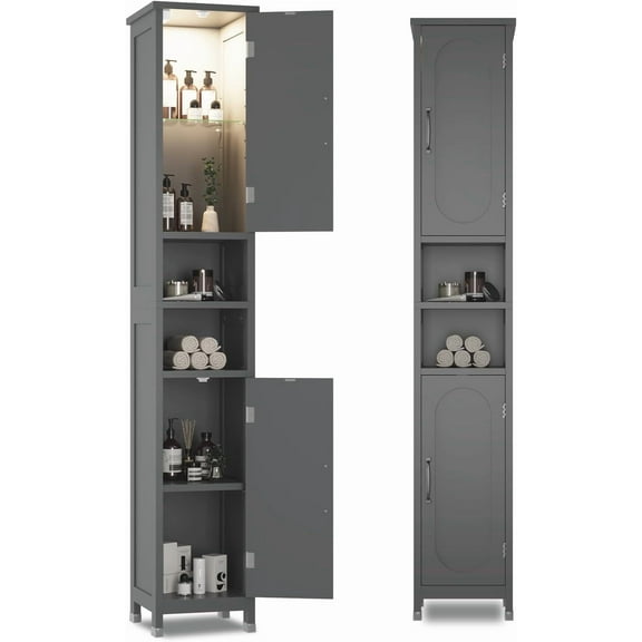 67" Tall Bathroom Storage Cabinet with Lights, Slim Narrow Bathroom Cabinet Organizer with Doors and Adjustable Shelves, Tall Cabinet for Small Space, Living Room, Kitchen, Gray