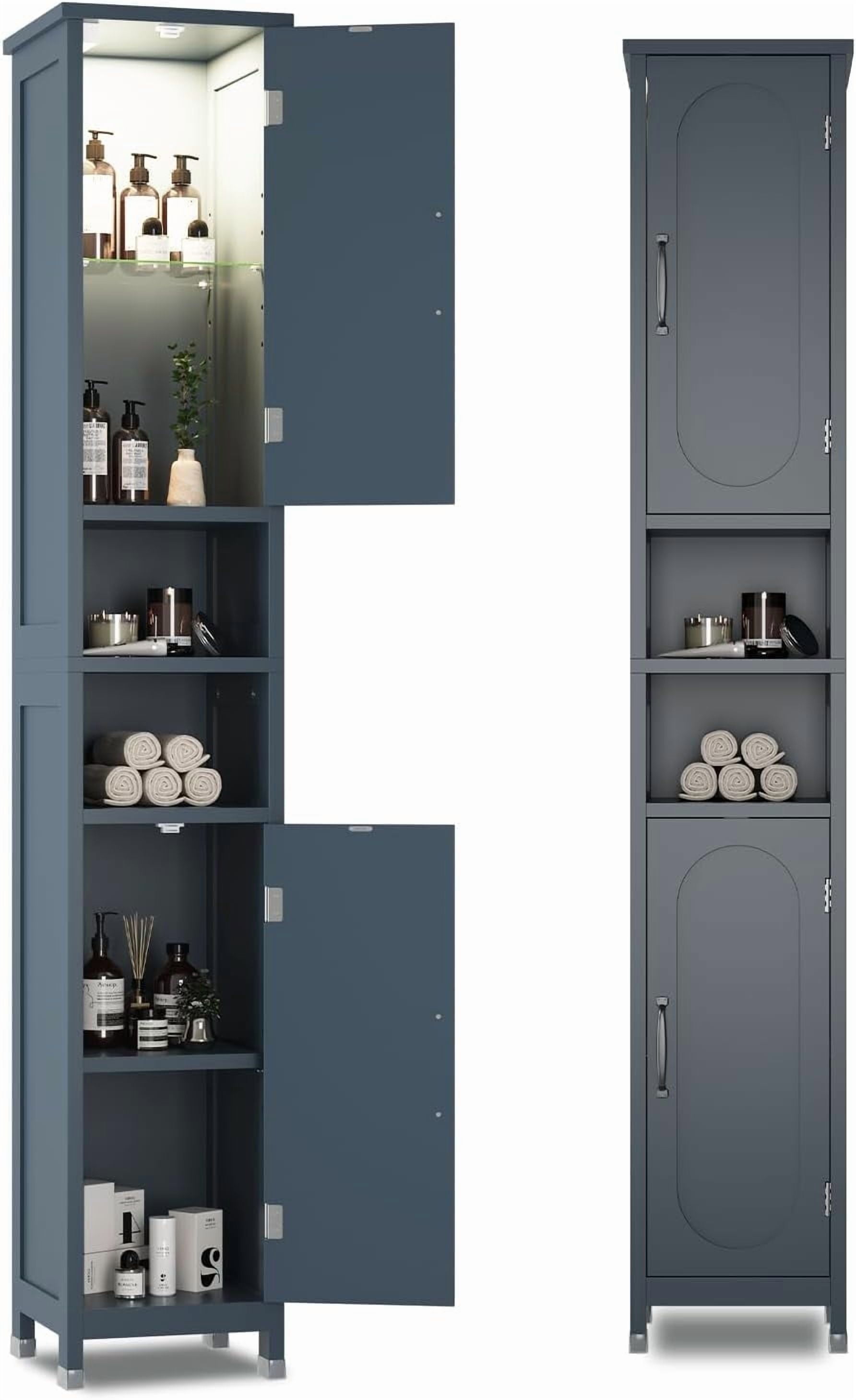 67" Tall Bathroom Storage Cabinet with Lights, Slim Narrow Bathroom Cabinet Organizer with Doors and Adjustable Shelves, Tall Cabinet for Small Space, Living Room, Kitchen, Blue