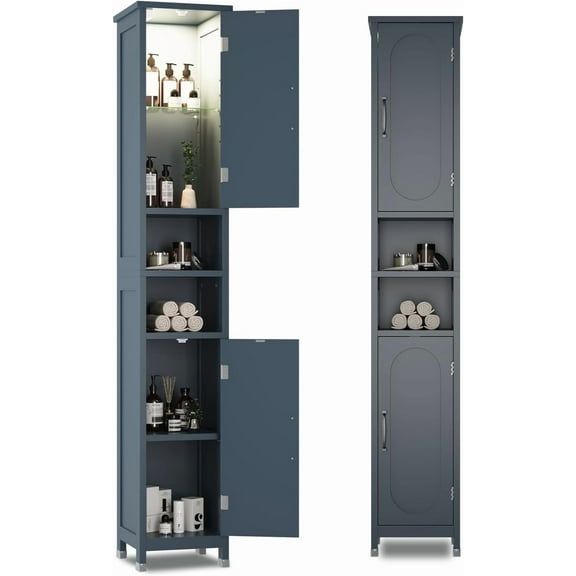67" Tall Bathroom Storage Cabinet with Lights, Slim Narrow Bathroom Cabinet Organizer with Doors and Adjustable Shelves, Tall Cabinet for Small Space, Living Room, Kitchen, Blue