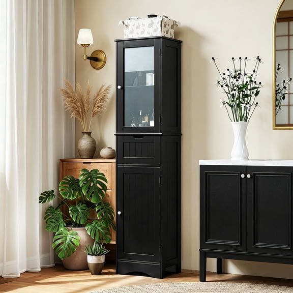 67" Tall Bathroom Storage Cabinet, Slim Freestanding Tower with 2 Doors & 1 Drawer, Narrow Floor Cabinet with Adjustable Shelves & Tempered Glass Door for Bathroom, Living Room, Black