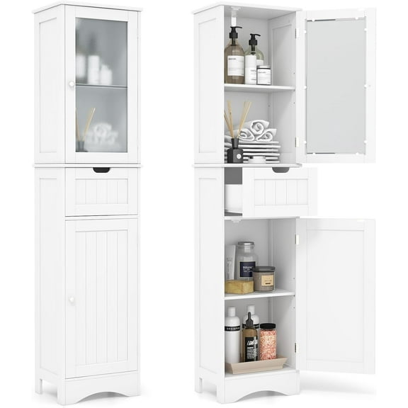 67" Tall Bathroom Storage Cabinet, Slim Freestanding Tower w/ 2 Doors & 1 Drawer, Narrow Floor Cabinet w/Adjustable Shelves & Tempered Glass Door for Bathroom Living Room (White)