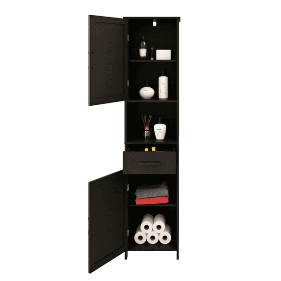 67" Tall Bathroom Storage Cabinet with 2 Barn Doors and 1 Drawer, Narrow Storage Adjustable Shelves Floor Cabinet for Bathroom, Living Room, Kitchen