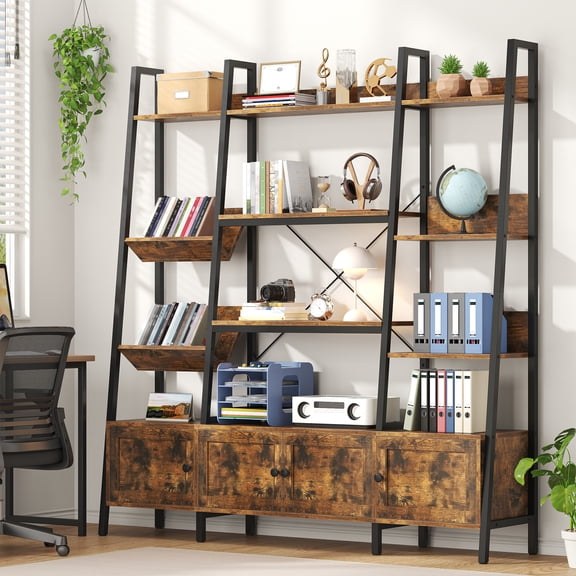 67" Tall Bookcase with Doors, Wood Farmhouse Bookshelf with 3 Storage Cabinet, Display Storage Cabinet with 9 Shelves, Brown