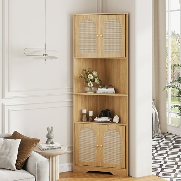 VEANERWOOD Rattan 67" Tall Corner Storage Cabinet, Corner Shelf Stand Storage Rack for Living Room, Home Office, Kitchen, Small Space,Natural
