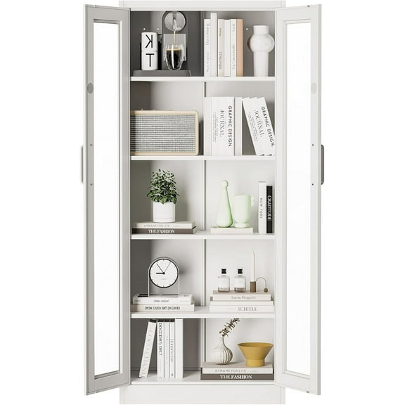 67" Tall Glass Display Cabinet With 4 Adjustable Shelves, Locking Doors for Collectibles in Home, Living Room (White)
