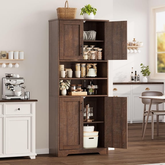 67" Tall Kitchen Pantry Cabinet,Farmhouse Kitchen Pantry Cabinet and Coffee Bar with 4 Doors, 1 Drawer, Adjustable Shelf, and Microwave Stand,for Dining Room Storage and Organization