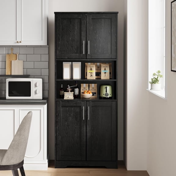 67" Tall Kitchen Pantry Cabinet,Farmhouse Kitchen Pantry Cabinet and Coffee Bar with 4 Doors, 1 Drawer, Adjustable Shelf, and Microwave Stand,for Dining Room Storage and Organization