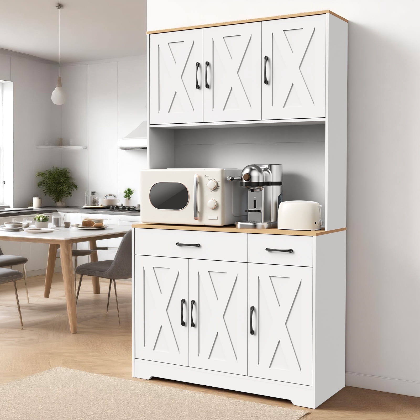 67" Tall Kitchen Pantry Cabinet with Charging Station, Farmhouse Hutch with Microwave Stand & Drawers for Dining Room & Living Room Storage，White