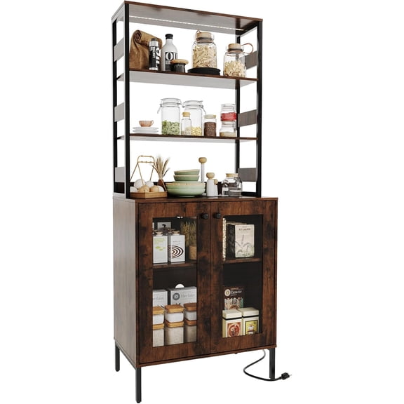 67" Tall Multi-Functional Bar Cabinet with RGB Lights, Power Outlets & Glass Doors