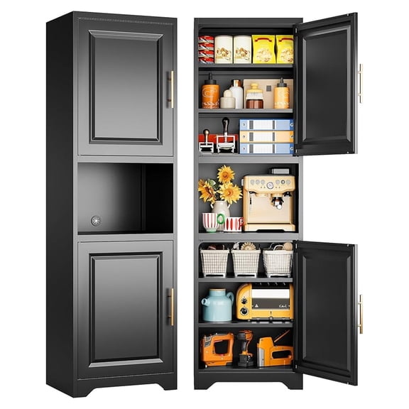 67" Tall Narrow Storage Cabinet with 2 Door and 7 Shelves,Slim Kitchen Pantry Cabinet,Black Metal Bathroom Cabinets,Large Cupboard for Home,Kitchen,Laundry,Bathroom