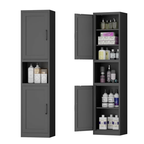 67" Tall Narrow Storage Cabinet, Bathroom Linen Tower, Reversible Doors, Adjustable Shelves, Black