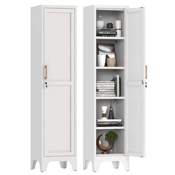 67"Tall Narrow Storage Cabinet Metal Bathroom Cabinet with Lockable ＆4 Adjustable Shelve,Anti-Tip Design,Standing Pantry Cabinets Cupboard for Kitchen,Dining Room,Living Room-Assembly Required(White)