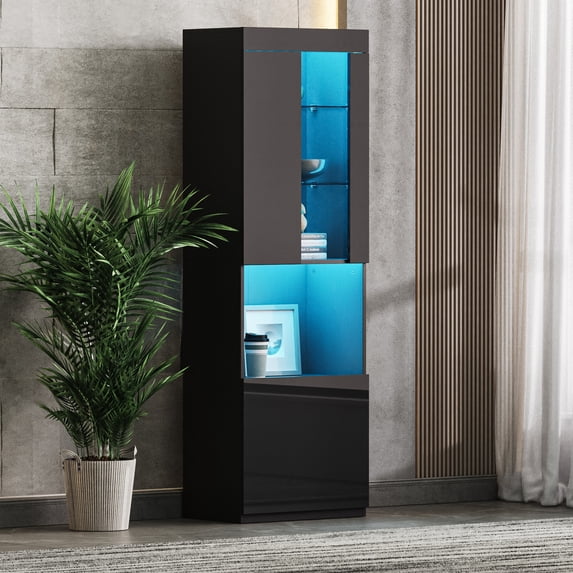 67" Tall Pantry Cabinet with Acrylic Door, High Gloss Storage Cabinet with LED Lights, Modern Bookcase & Display Cabinet with Open Countertop and Tempered Glass Shelves, for Living Room, Black