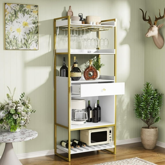 67" Tall Sideboard Buffet with LED Lights, Sideboard Buffet Storage Cabinet with Metal Frame & Glass Rack, Storage Cupboard with Drawer for Living Room, White & Gold