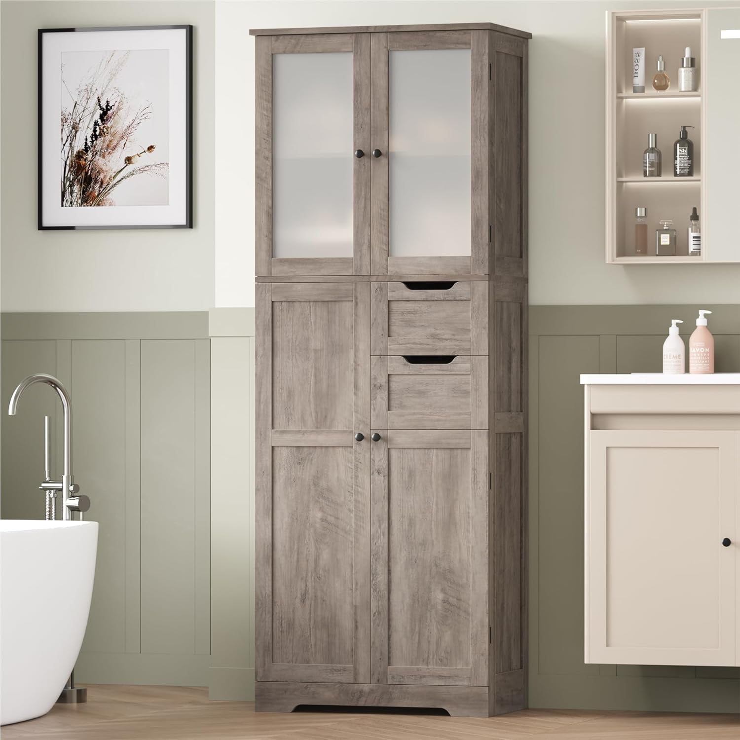 Rustic 67 67'' Tall Storage Cabinet, Bathroom Storage Cabinet with Frosted Glass ...