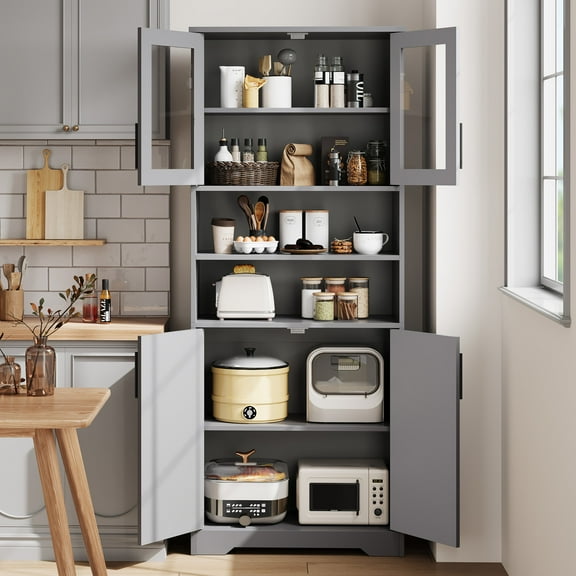 67" Tall Storage Cabinet, Freestanding Kitchen Pantry Cabinets, with Glass Doors and Adjustable Shelves, for Living Room, Dining Room