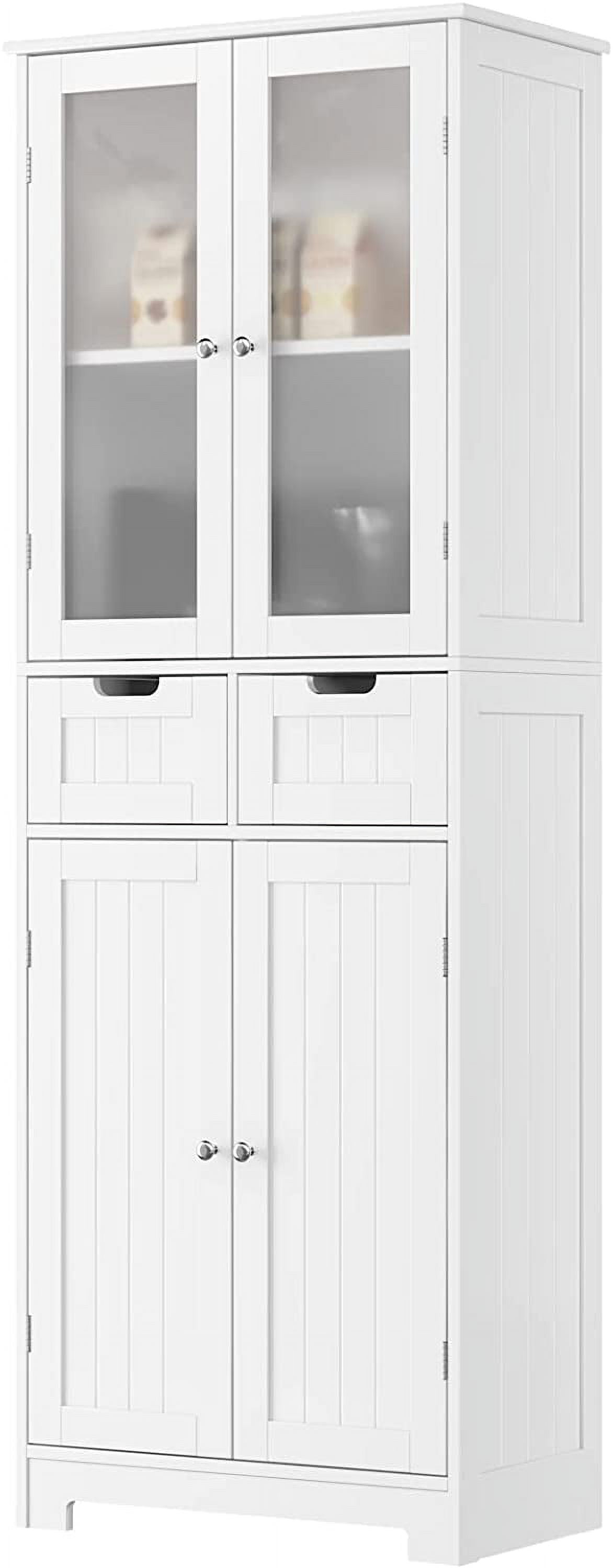 67" Tall Storage Cabinet, Freestanding Pantry Cabinet with Glass Door and Shelves, Linen Bathroom Cabinet with 2 Drawers for Living Room, Kitchen, Dining Room, Office, White