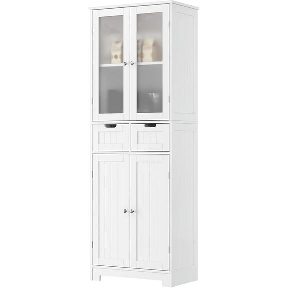 67" Tall Storage Cabinet, Freestanding Pantry Cabinet with Glass Door and Shelves, Linen Bathroom Cabinet with 2 Drawers for Living Room, Kitchen, Dining Room, Office, White