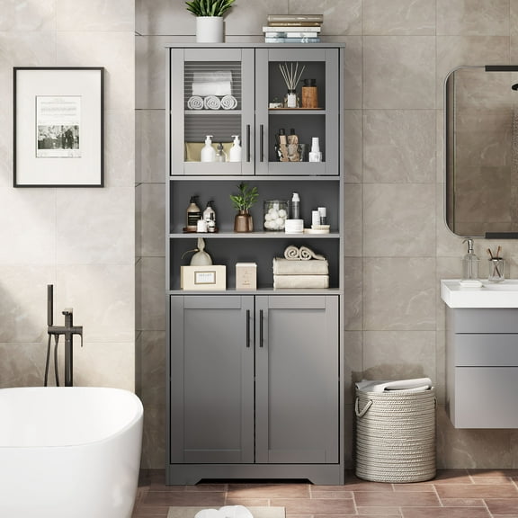 67" Tall Storage Cabinet, Tall Bathroom Cabinet with Glass Doors and Adjustable Shelves, Freestanding Kitchen Pantry Cabinets, Cupboard for Living Room, Dining Room