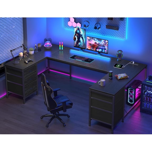 67" U Shaped Gaming Corner Desk with Power Outlets & LED Lights,Computer Desk with 6 Drawers & File Cabinets,Home Office Desks Study Writing Table for Bedroom,Living Room,Black