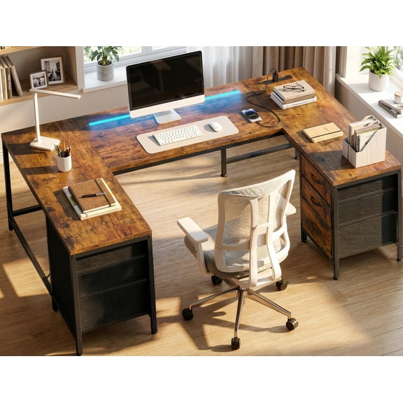 67" U Shaped Office Desk with 6 Drawers & File Cabinets,Work from Home Computer Desk with Power Outlets,Gaming Desks with LED Lights,Study Writing Table for Bedroom,Rustic Brown