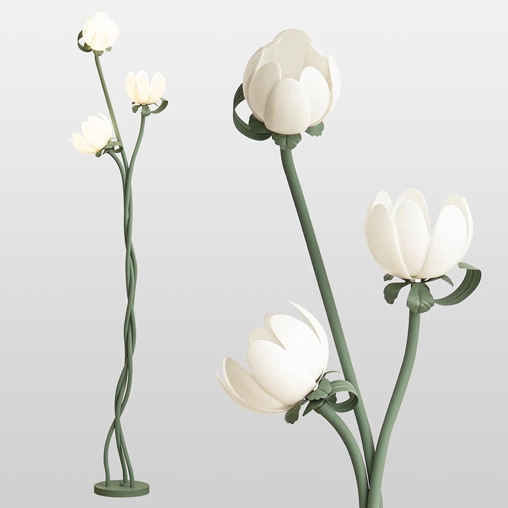 67" Vintage Floral Floor Lamp, 360° Adjustable Lamp Heads, Flexible Gooseneck Stems, Lotus Shades & Foot Switch (LED Bulbs Included)