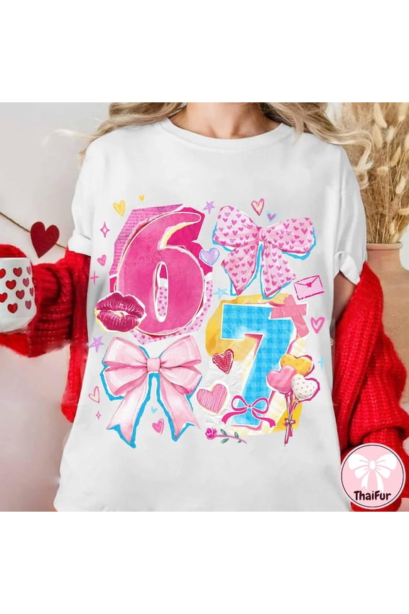 67 Viral Internet Shirt Six Seven Love Coquette Bow Heart Bow Tee Vintage Soft WHITE S-5XL
