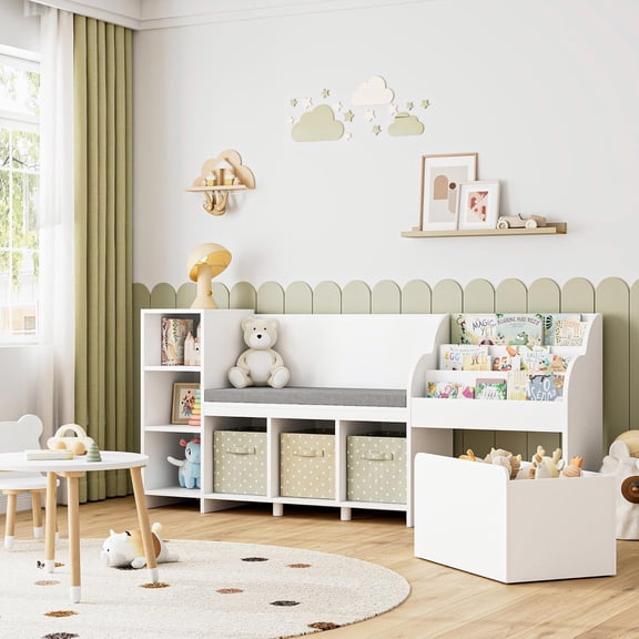 67" W Kids Reading Nook with Toy Storage Organizer, Large Kids Bookshelf with Toy Storage Box on Wheels, Big Kid Bookcase with Bench and 6 Open Cubbies for Playroom, Kid Room, White