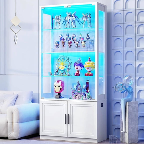 67" White 4-Tier Display Cabinet with Glass Doors and Removable Shelves