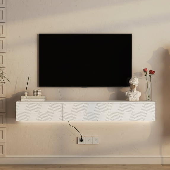 Floating TV Stand Wall Mounted with 16 Color LEDs,67" Modern TV Stand, Floating TV Cabinet Entertainment Center for 55 60 65 Inch TV,White