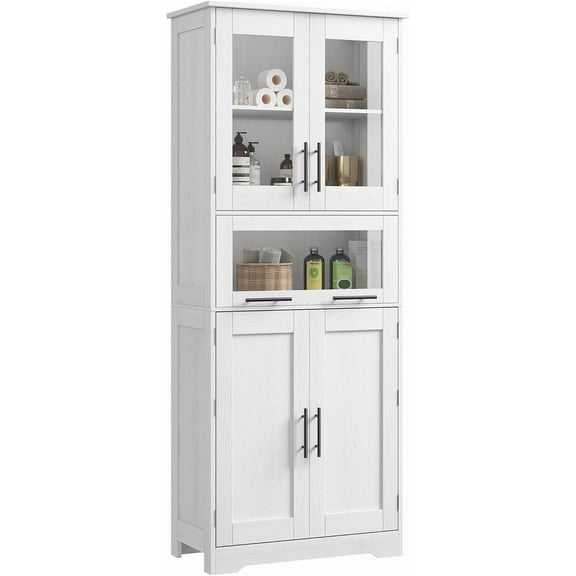 67" White Storage Cabinet with Glass Doors & Drawer, Adjustable Multi-Functional Organizer for Home