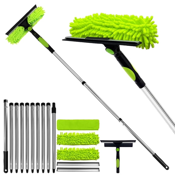 67'' Window Squeegee Cleaner Tool with Extension Pole, 2-in-1 Squeegee for Window Cleaning Kit with Scrubber and Rotating Head, 2 Blade 2 Scrubber for Indoor & Outdoor High Windows