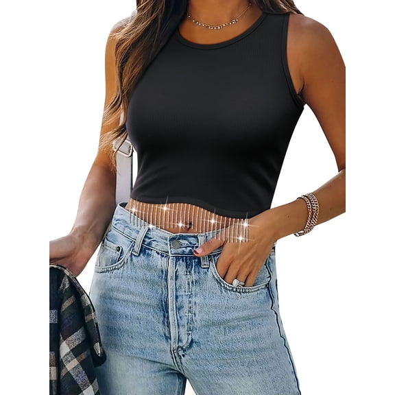 67 Women Solid Color Round Neck Tassel Trim Sleeveless Crop Tank Top