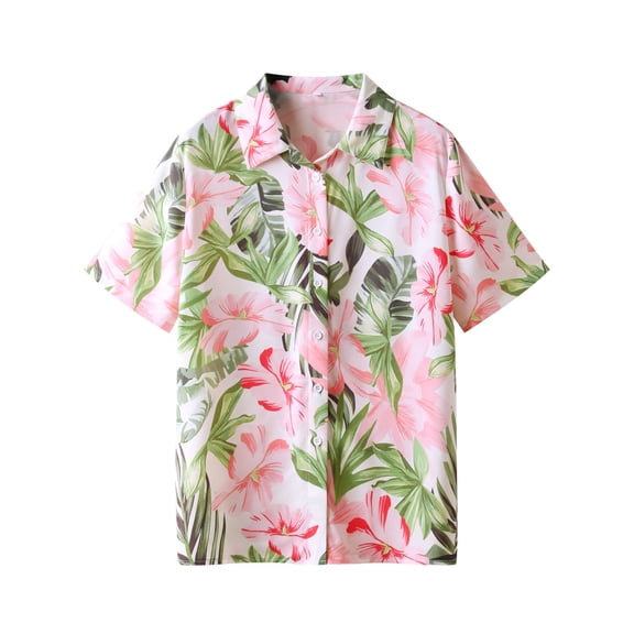 67 Women Vintage Floral Print Lapel Collar Button Down Short Sleeve Shirt