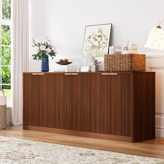 67'' Wood Buffet Sideboard with 6 Doors in Fluted Design, Modern Large Rustic Coffee Bar Storage Cabinet with 6 Storage Space, Long Sideboard Table for Kitchen, Dining Room, Living Room