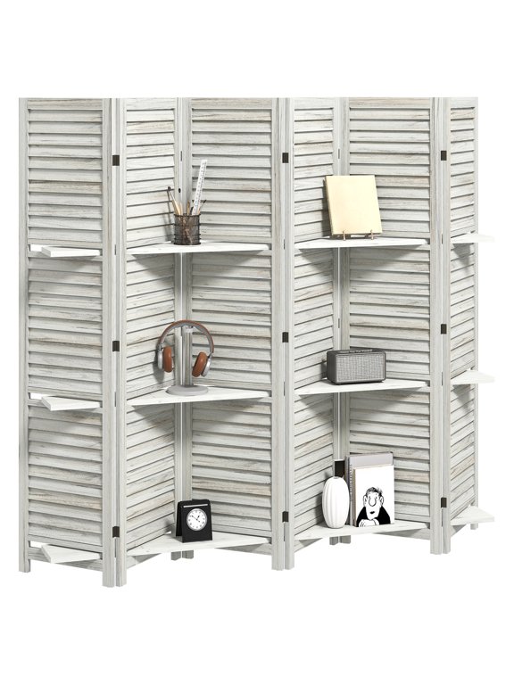67" Wood Room Divider 6 Panel Folding Privacy Screen with Shelves - White Paulownia Wood Partition for Bedroom, Office, Living Room - Adjustable Folding Storage