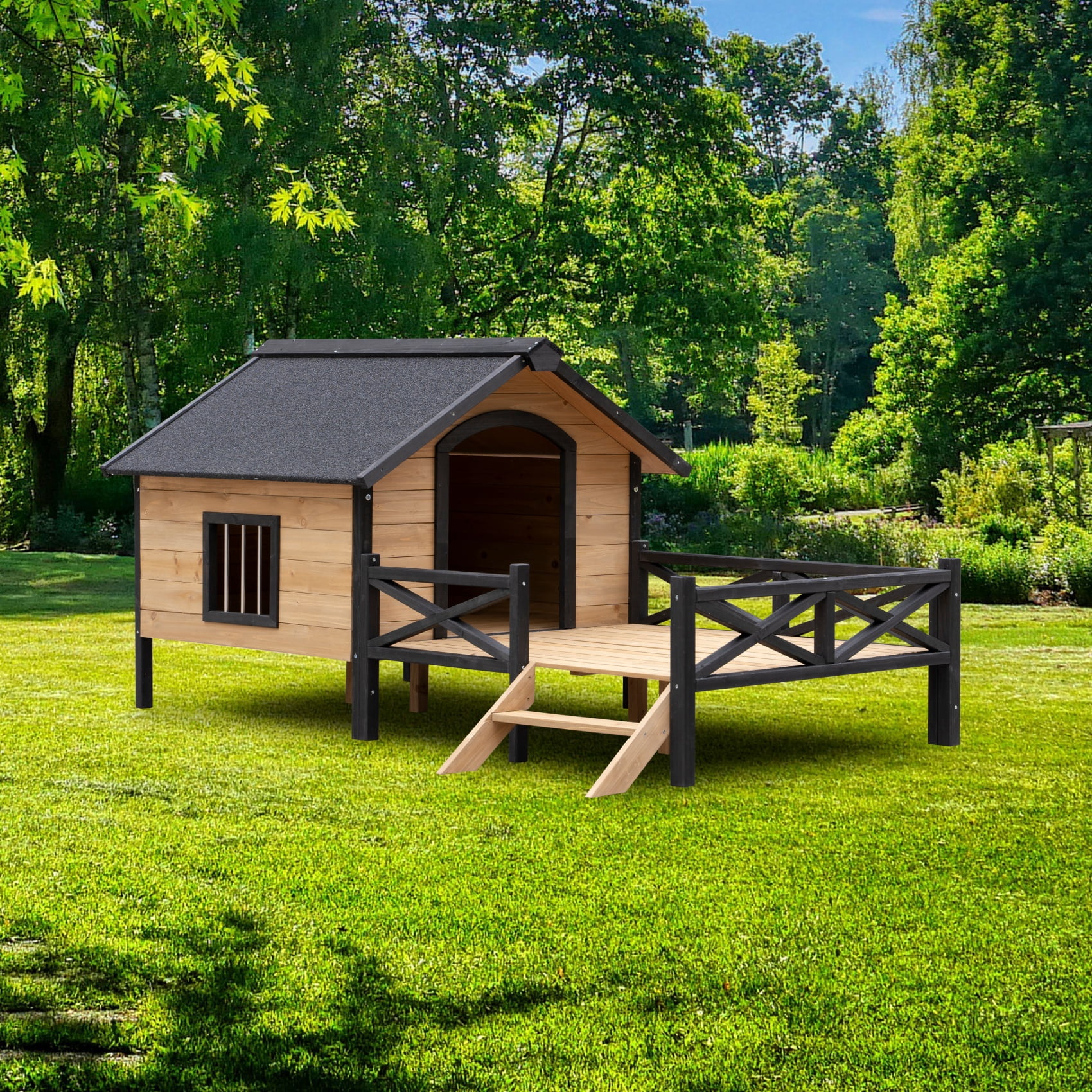 67'' Wooden Large Dog House w/Porch Deck,Iron Frame Dog Kennel for XL Dogs,Weatherproof Outdoor Dog House with Asphalt Roof,Elevated Cabin Style Pet Shelter,Honey
