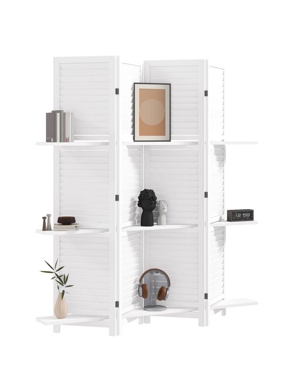 67" Wooden Room Divider, 4 Panel Folding Privacy Screen, White Paulownia Wood w/ Shelves