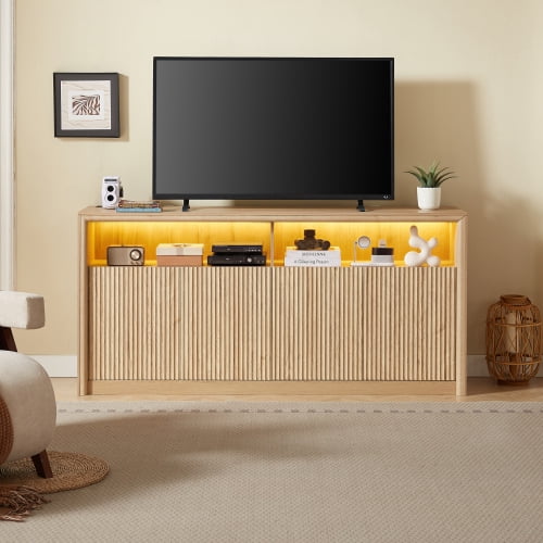 67" Wooden Sideboard Buffet Cabinet with LED Lights and Outlets, 4-Compartment Storage, Natural