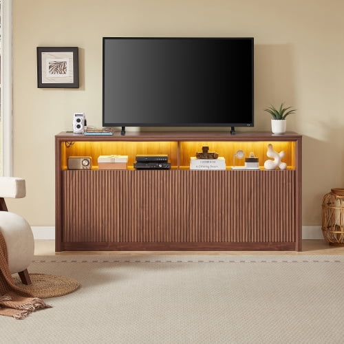 67" Wooden Sideboard Buffet Cabinet with LED Lights and Outlets, 4-Compartment Storage, Walnut