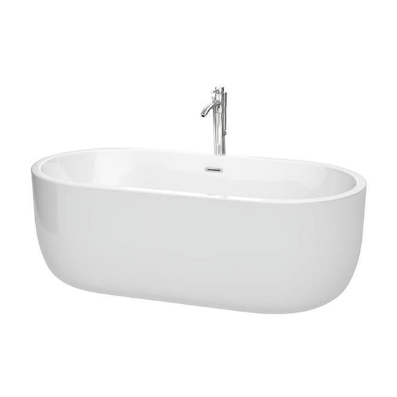 67 in. Freestanding White Bathtub with Floor Mounted Faucet, Drain & Overflow Trim In Polished Chrome - Oval